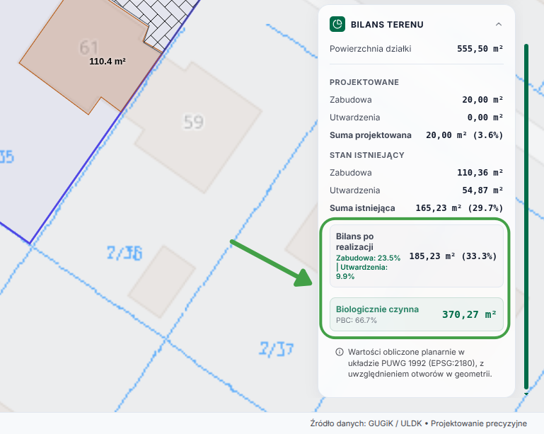 Odczytaj „Bilans po realizacji” i powierzchnię biologicznie czynną (PBC)