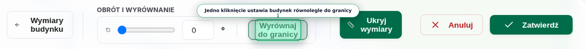 Automatyczne wyrównanie — jedno kliknięcie ustawia budynek równolegle do granicy działki.