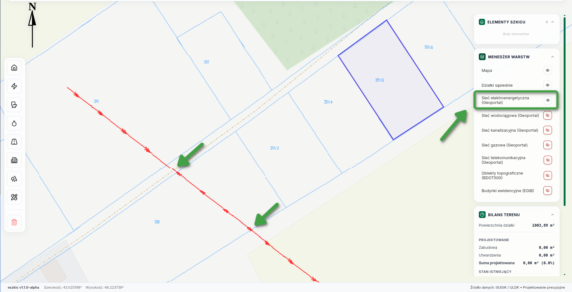 Podkład „Sieć elektroenergetyczna (Geoportal)” z zaznaczonym przebiegiem istniejącej sieci.
