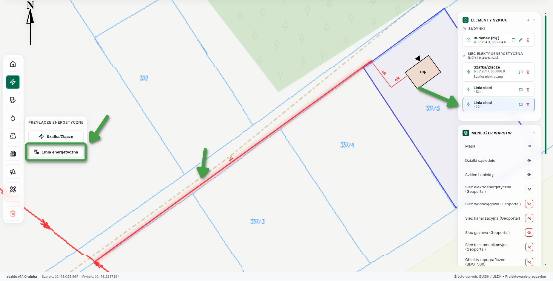 Narysowana „Linia energetyczna” — trasa kabla od sieci do szafki.