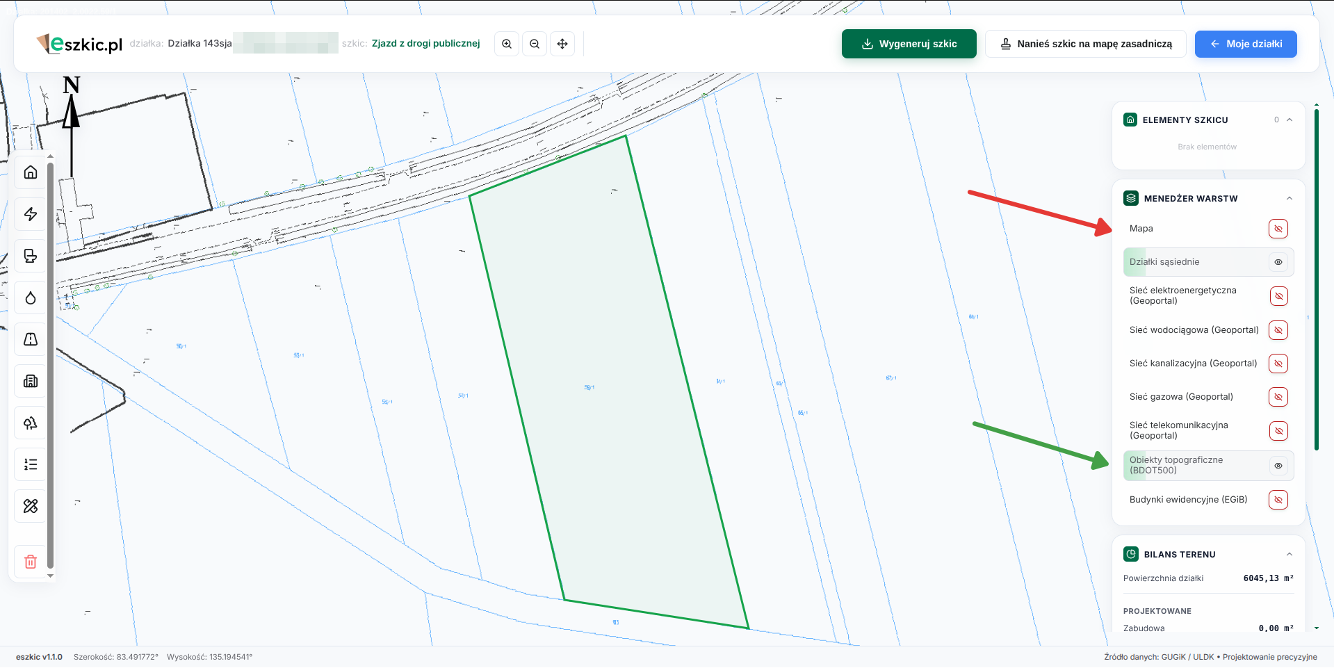 Panel „Menedżer Warstw” — wyłączona warstwa „Mapa”, włączona warstwa „Obiekty topograficzne (BDOT500)”.