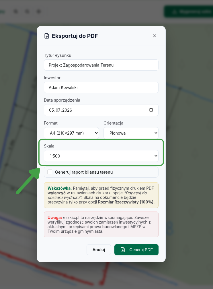 Rozwinięta lista skali — Auto oraz stałe skale 1:100–1:1000 — w oknie eksportu do PDF.