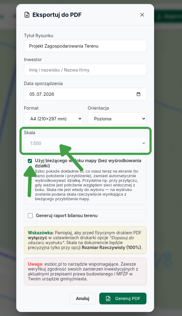Zaznaczone „Użyj bieżącego widoku mapy” — pole „Skala” staje się nieaktywne.