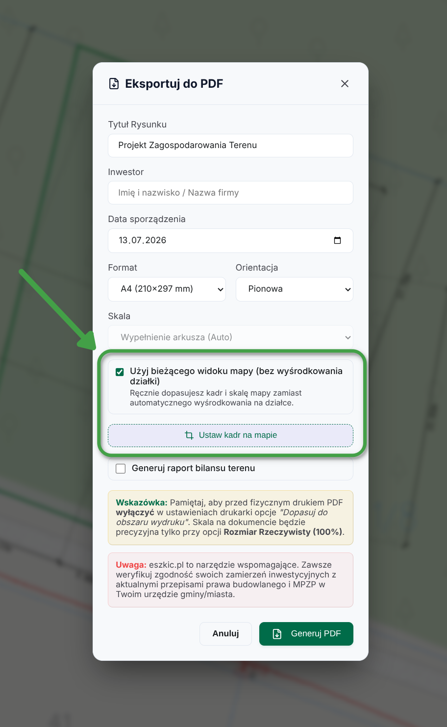 Zaznaczone „Użyj bieżącego widoku mapy” — pole „Skala” staje się nieaktywne.