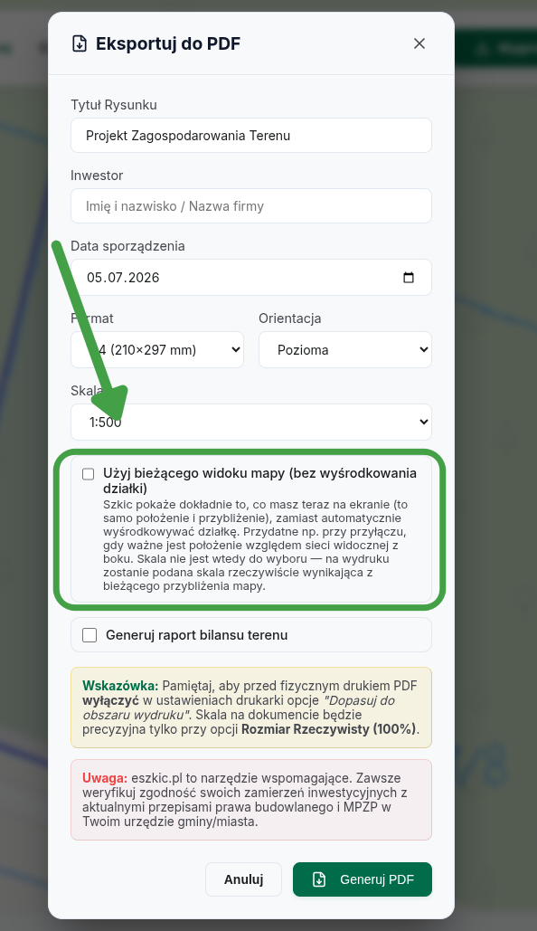 Gotowy wygenerowany PDF — tu z zaznaczonym „Użyj bieżącego widoku mapy” i rzeczywistą skalą w tabelce rysunku.