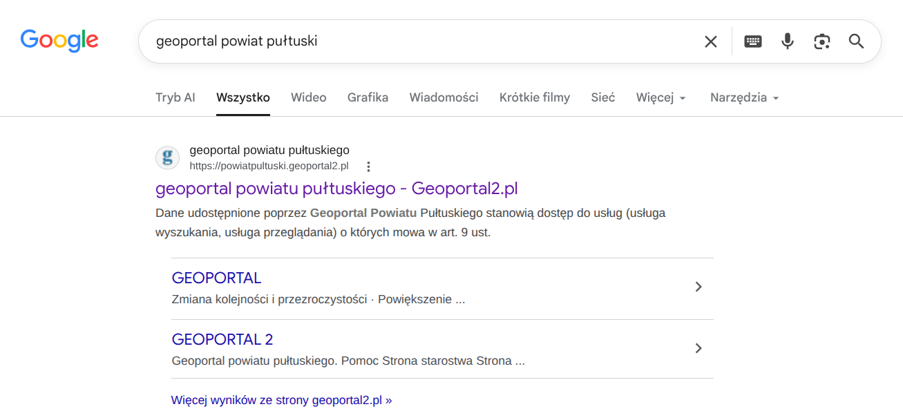 Wyszukiwarka Google z frazą „geoportal powiat pułtuski” — pierwszy wynik prowadzi do oficjalnego geoportalu powiatu.
