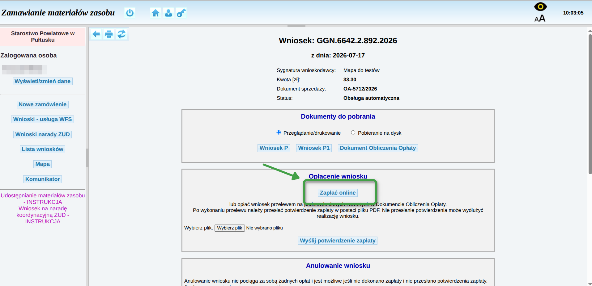Ekran płatności za wniosek — Dokument Obliczenia Opłaty (DOO) z kwotą oraz opcją płatności online.