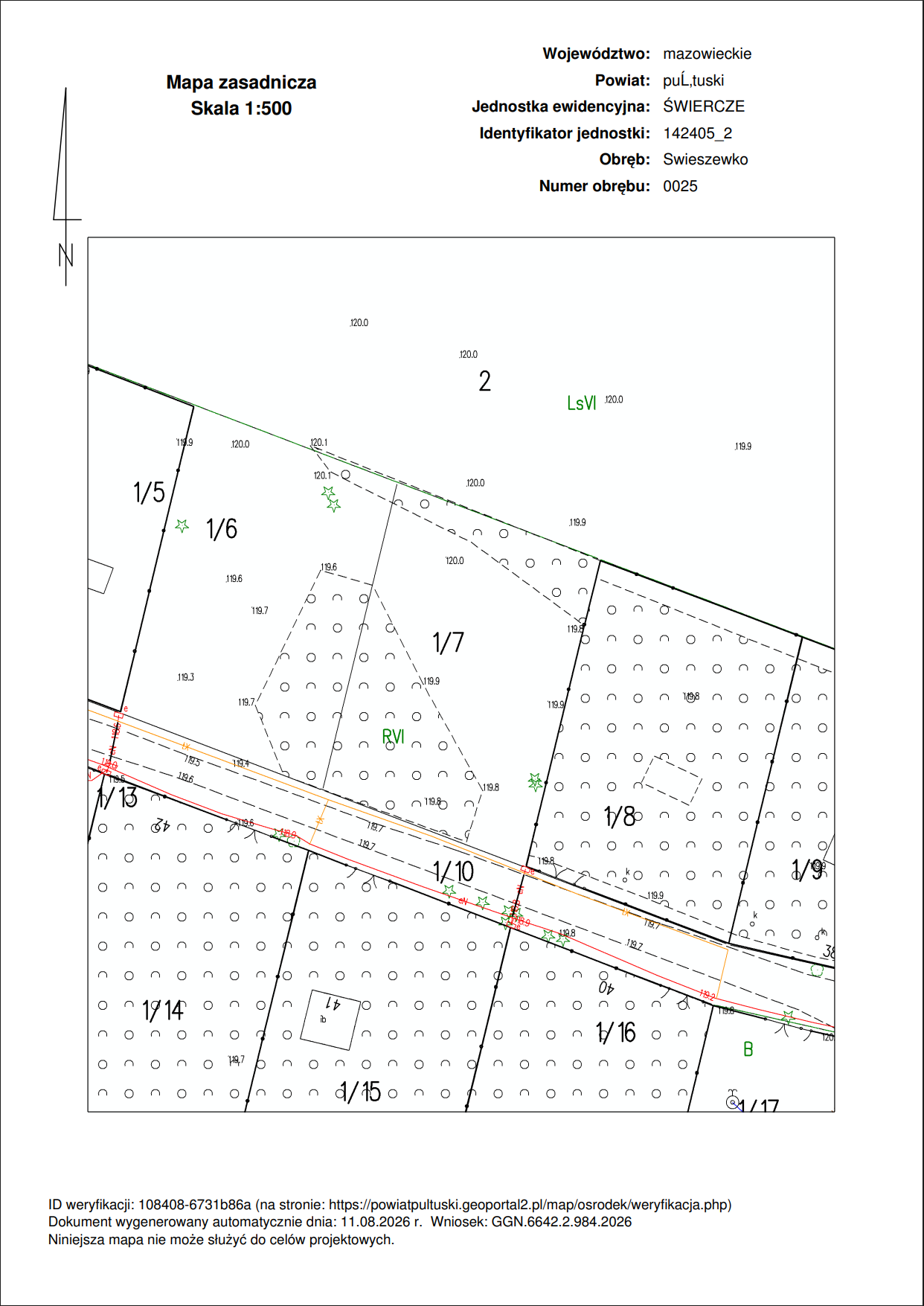 Podgląd samej mapy zasadniczej w PDF — treść mapy wraz z urzędową klauzulą PODGiK (numer klauzuli, pieczęć).