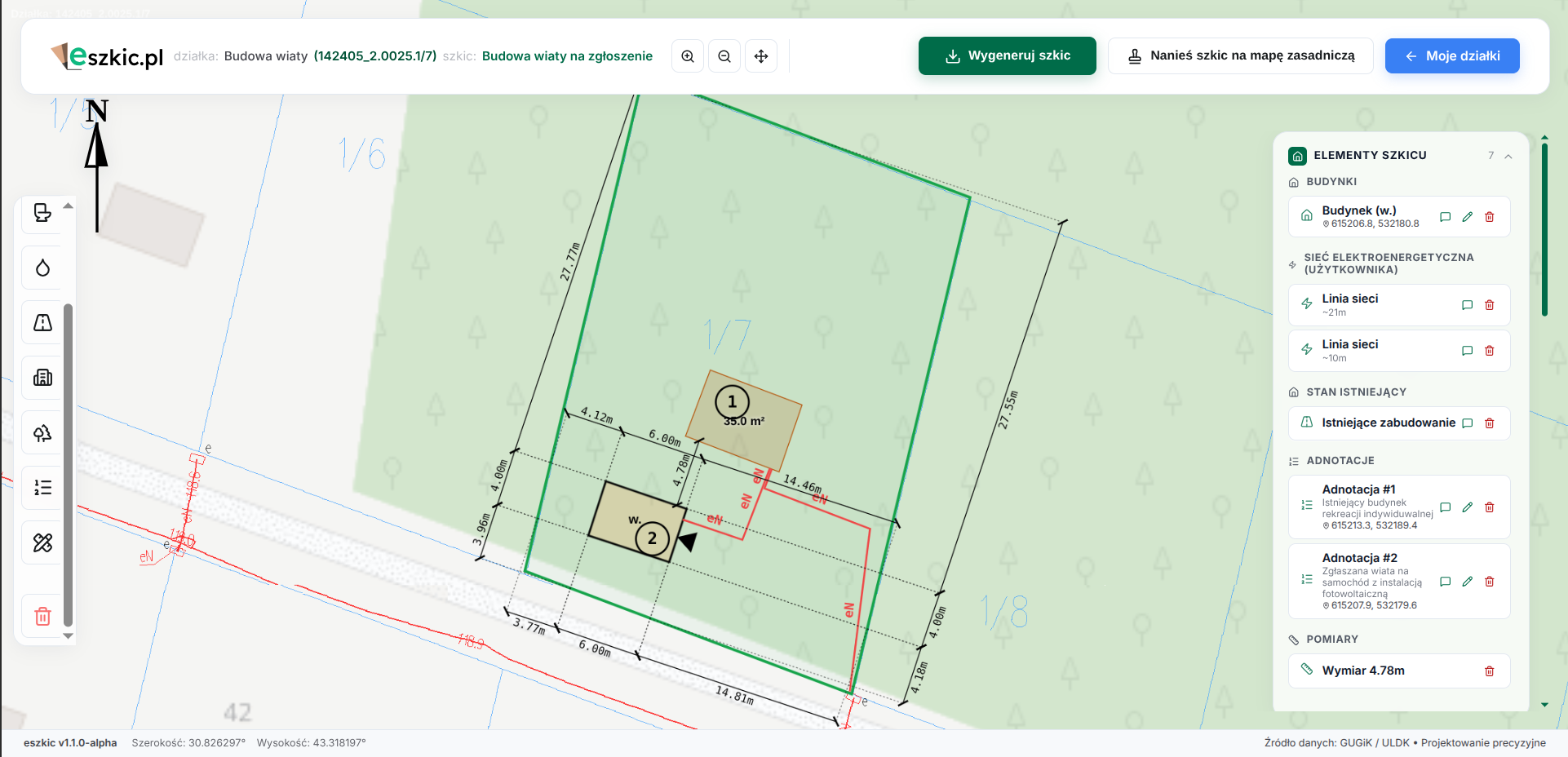Gotowy szkic sytuacyjny działki w edytorze eszkic.pl, przygotowany do naniesienia na mapę zasadniczą.