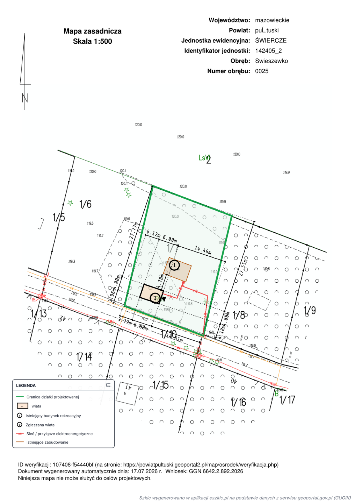 Gotowy dokument — szkic sytuacyjny naniesiony na mapę zasadniczą, po kliknięciu „Pobierz dokument”.